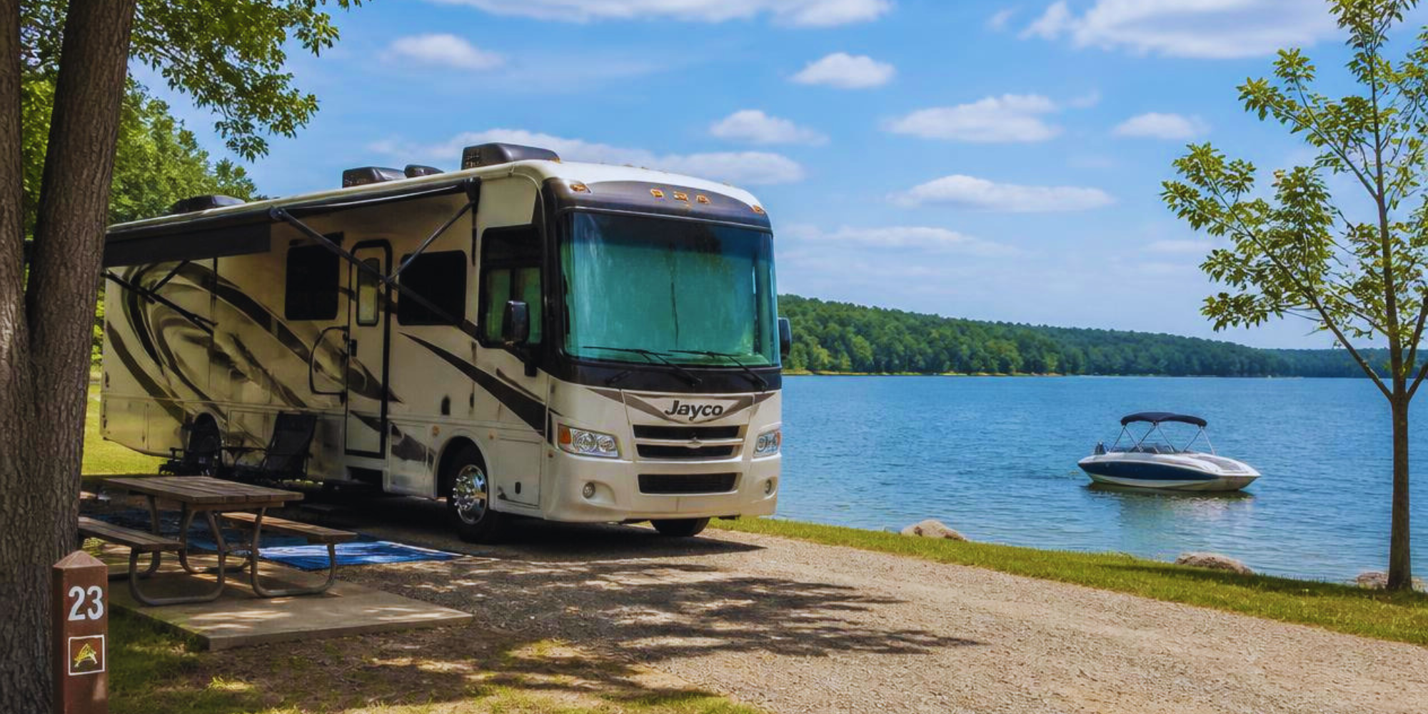 Family enjoying a boat and RV adventure